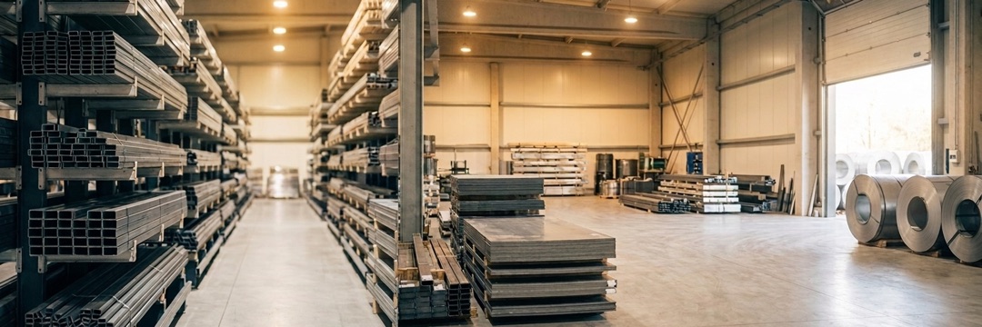 Tchaghlassian Steel warehouse stocked with steel profiles, sheet bundles and coils